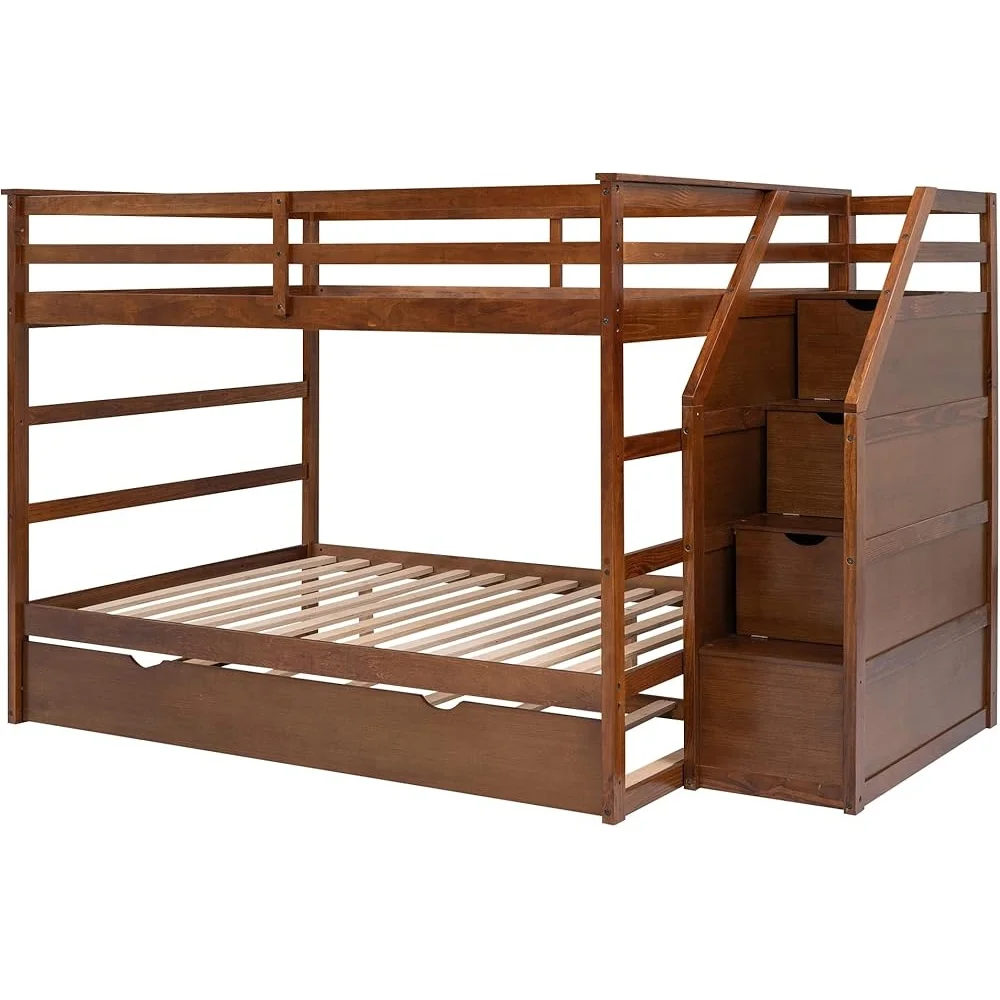 Twin Over Twin Bunk Bed with Trundle and Storage Stairs Solid Pine Wood Frame No Box Spring Needed Space Saving Design