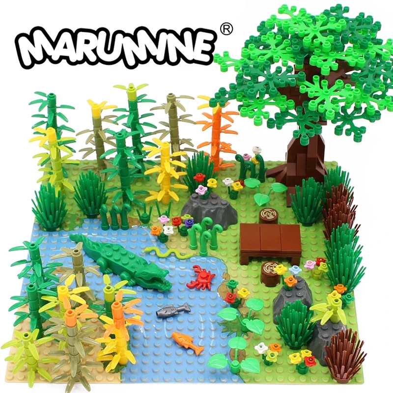 

Marumine MOC набор для сборки джунглей, океан с основой 3811, сад, парк, тропический лес, лес, кирпичи, растения, строительные блоки, набор моделей