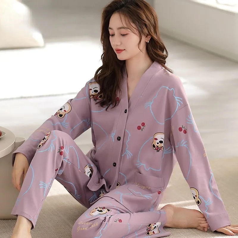 2024 New Double Sided Thickened Pure Cotton Pajamas Women's Spring Autumn Sleepwear Long Sleeved Casual Simple V-neck Homewear