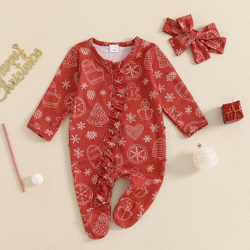 Baby Girls Christmas Footies Long Sleeve Gingerbread Man Snowman/Candy Cane Print Romper with Headband