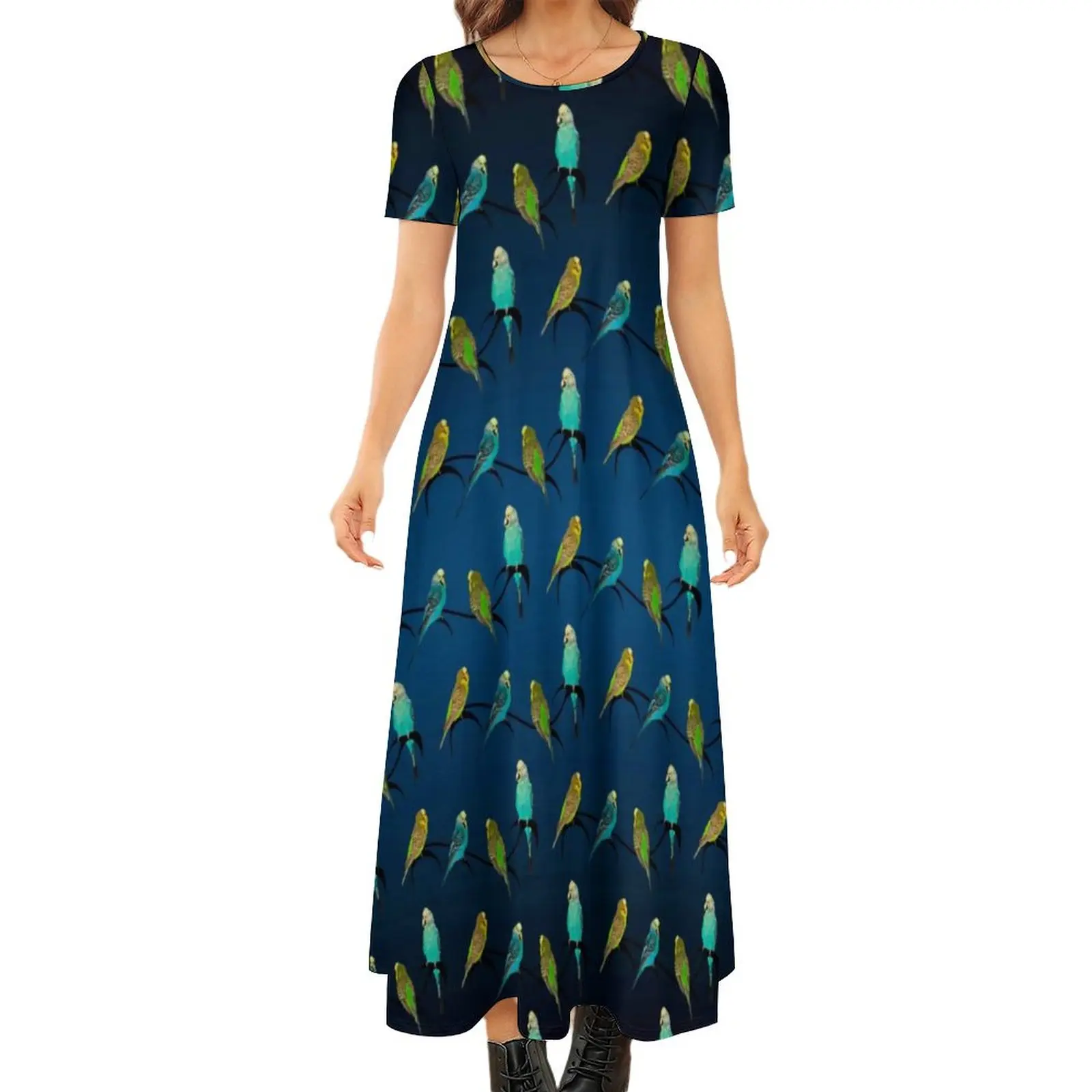 Birds Pet Print Dress Budgie Frenzy Modern Maxi Dress Short Sleeve Funny Bohemia Long Dresses Women  Pattern Oversize Clothes