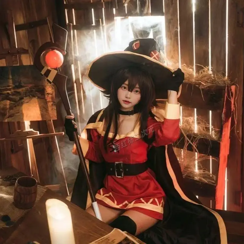 Anime konosuba megumin cosplay traje peruca clássico bruxa traje uniforme manto chapéu venda meia festa de halloween feminino