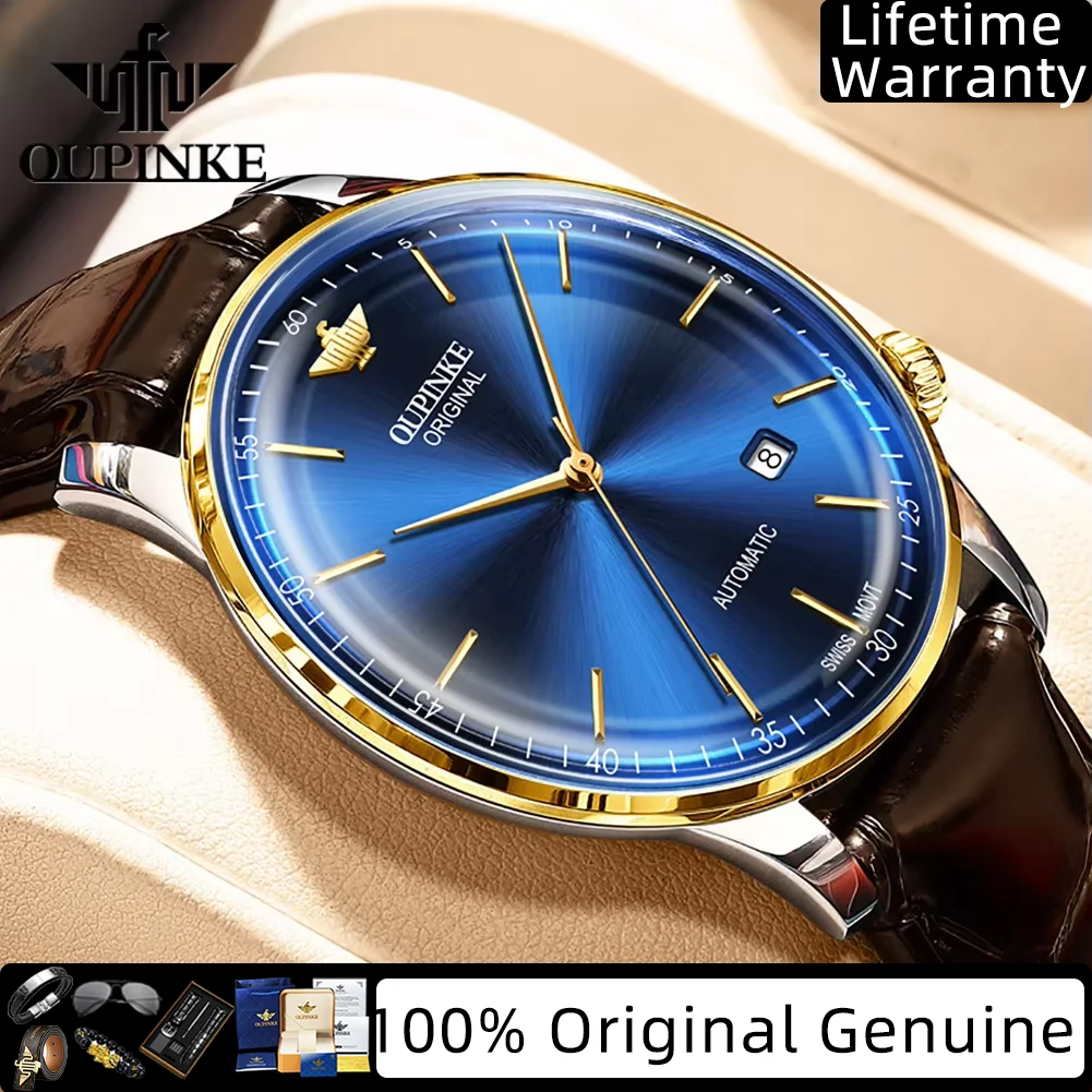 

OUPINKE Original Swiss Automatic Watches Men Ultra Thin 7.3 mm Genuine Leather Strap Top Luxury Brand Mechanical Man Watch 3269