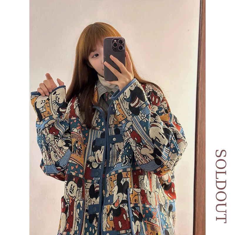 Amerykańska kurtka retro z haftem Miey, damska, luźna, jesienna, designerska, modna odzież uliczna, włókno poliestrowe