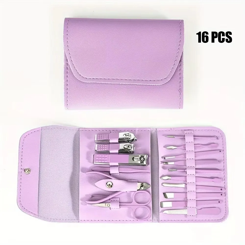 Conjunto de cortador de unhas profissional de aço inoxidável, 16 peças, com estojo de viagem, bolsa pu, conjunto de manicure, roxo matcha verde, bolsa dobrável
