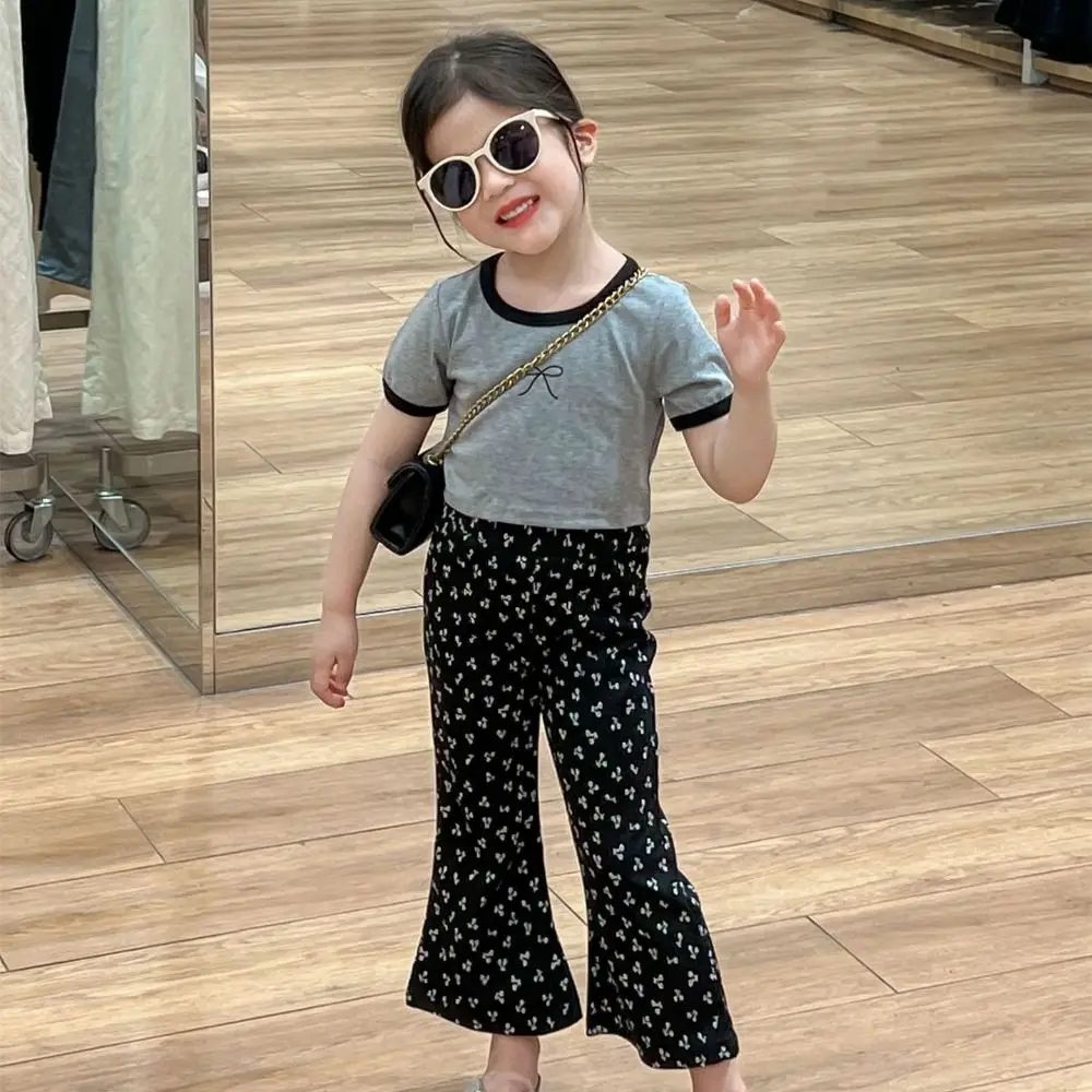 

Two Pieces Set Wide Leg Pants Children Sports Set Y2K Bow T-shirt Pants Wear Suit Loose Teenagers Girls Clothes Set Party