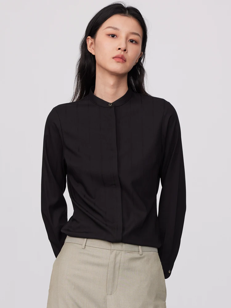 

Ladies Office Stand Collar Slim-fit Dress Shirts Without Pocket Hidden Buttons Placket Long Sleeve Female Slight Strech Shirt