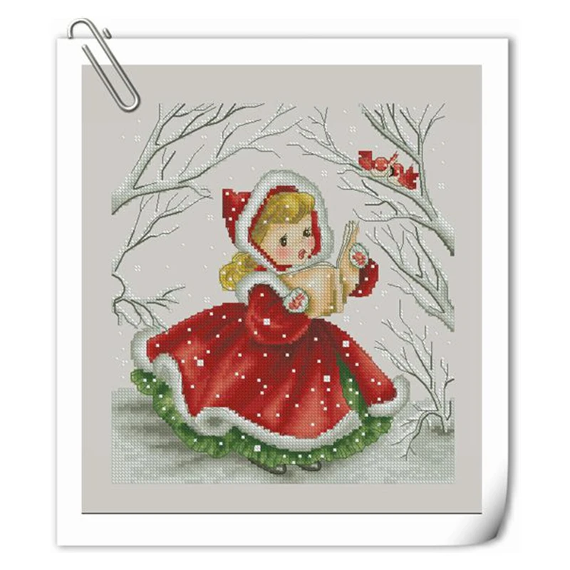 

Cross-stitch set: A cute cartoon girl in a red dress singing for birds, a time-killing handicraft material package