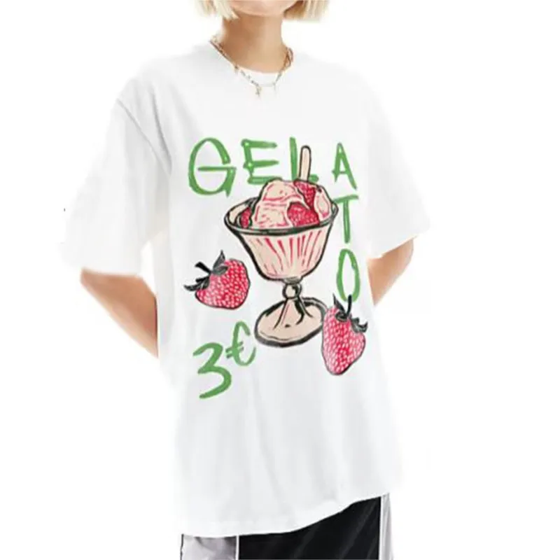 Camiseta de algodón con cuello redondo para mujer, blusa de manga corta con estampado gráfico, camiseta informal cómoda