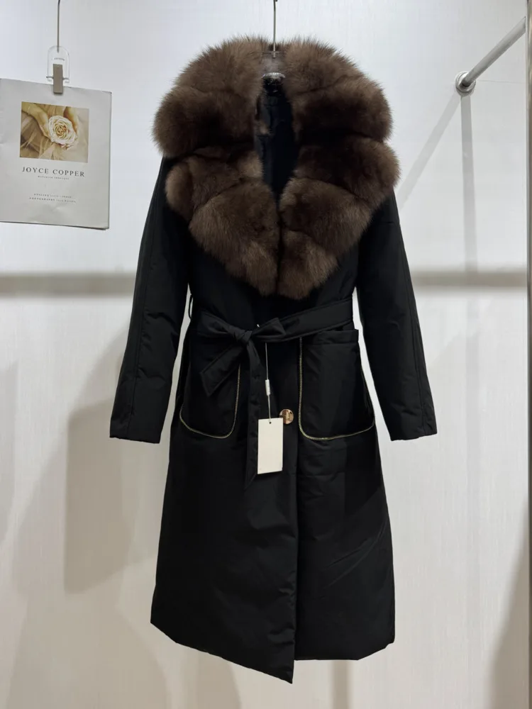 ZMEENNA Women's Elegant Winter Down Coat With Large Faux Fur Collar And Belted Waist Long Puffer Jacket Chic ZM3793