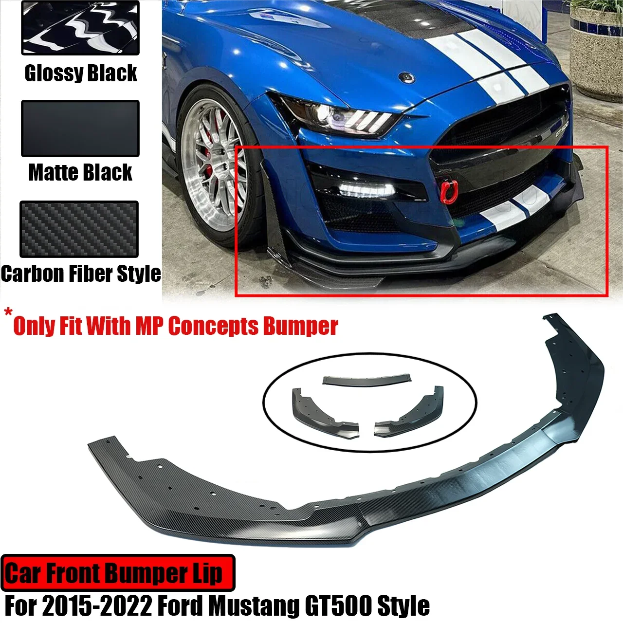 For 2015-2022 Ford Mustang MP Concepts GT500 Bumper Front Bumper Lip Side Splitter Spoiler DIffuser Glossy Black Carbon Style