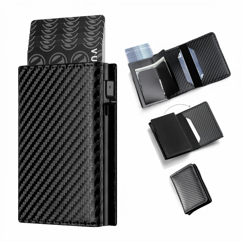 Minimalistische RFID-blockierende Geldbörse für Männer und Frauen – automatisches Pop-up-Kreditkartenetui aus Metall, Münzgeldbörse mit Reißverschluss, Visitenkartenetui