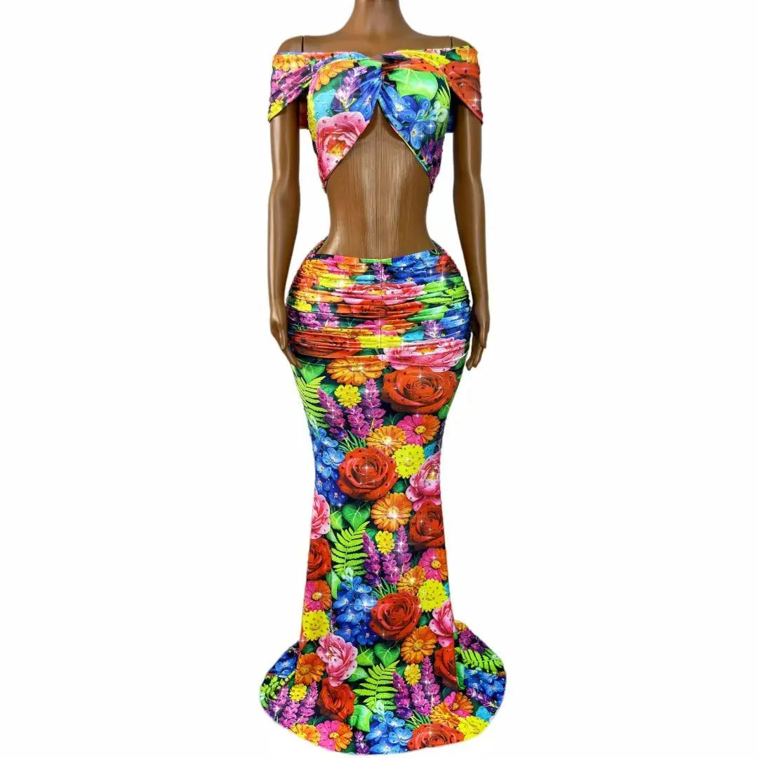 Yichunfeng Luxury Tropical Rose Floral Two Piece Set Off Shoulder Twisted Top Ruched Mermaid Skirt Beach Banquet Party Dress