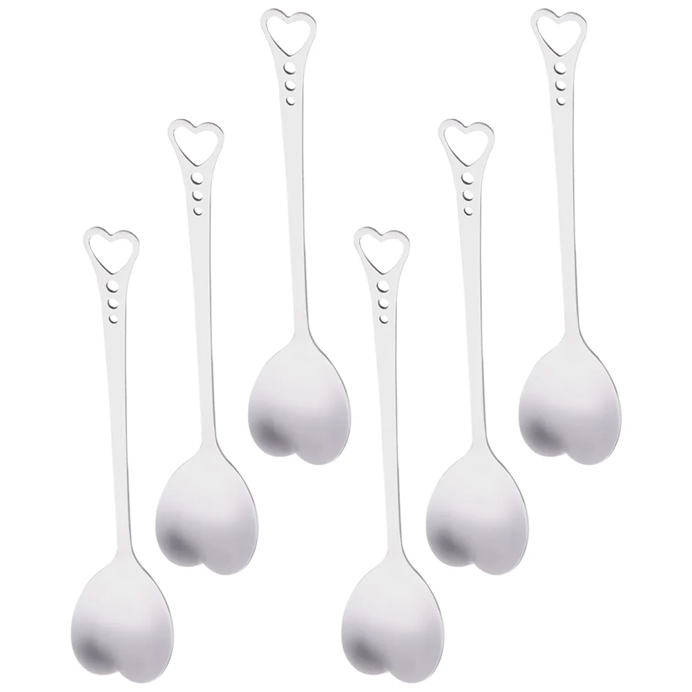 6 Pcs Stainless Steel Heart Shaped Spoon Coffee Wood Spoons Cat Fork Creamer Container Mug Cutlery Mini