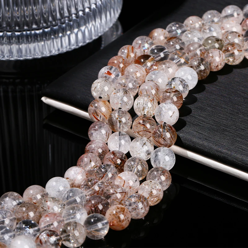 الحجر الطبيعي الأسود سوبر سبعة الكوارتز الخرز فاصل فضفاض مستدير 6 8 10 مللي متر لصنع المجوهرات عقد دي اي واي سوار الإكسسوار 15"