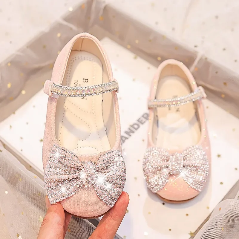 Children Mary Janes for Party Wedding Shows Girls Flats Shiny Rhinestones Bow Round-toe 2024 Kids Shoes Non-slip Moccasin Shoes