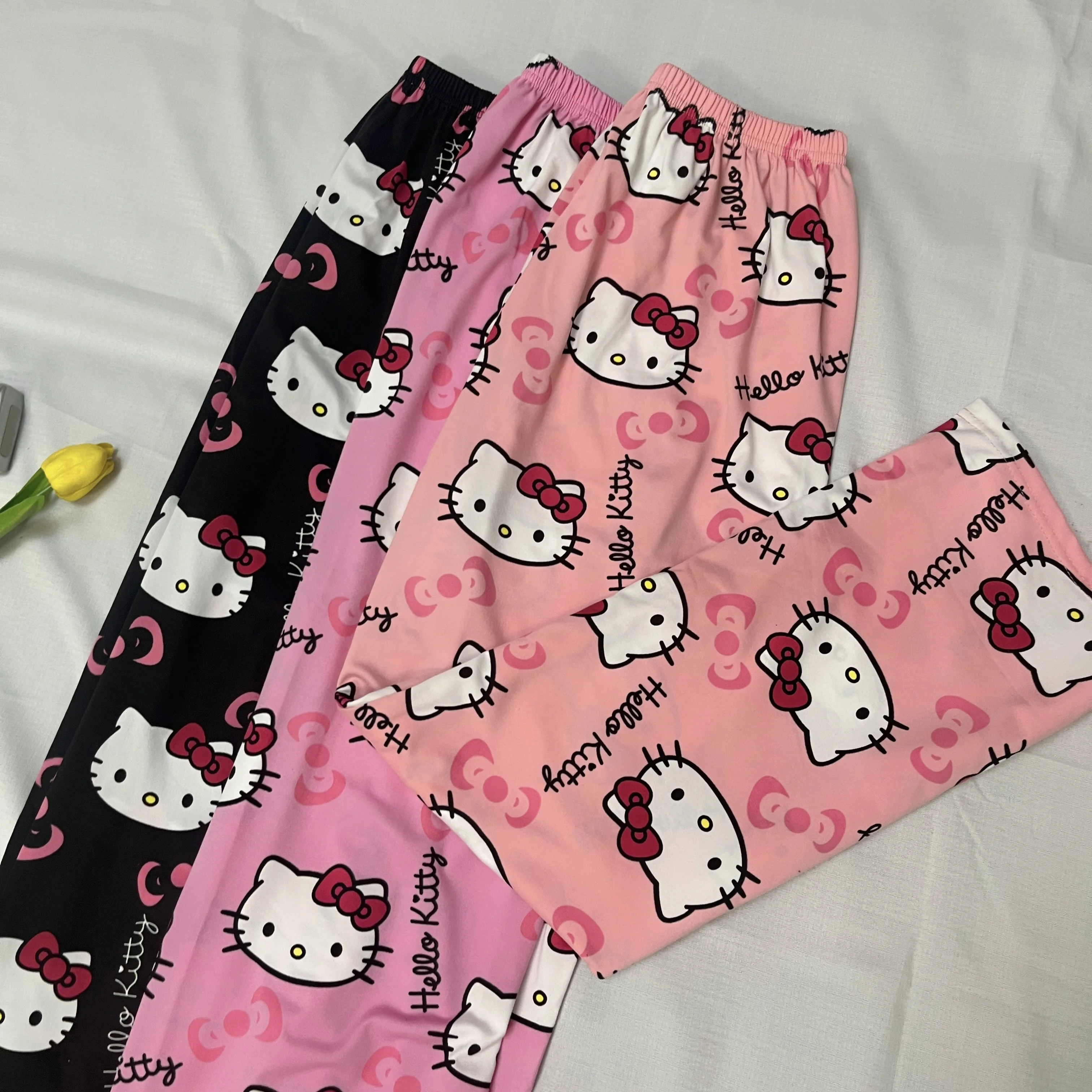 Sanrio Hello Kitty Pajamas Pants Black Pink Air Conditioner Women Thin Woolen White Cute Casual Home Pant Summer Gril Trousers