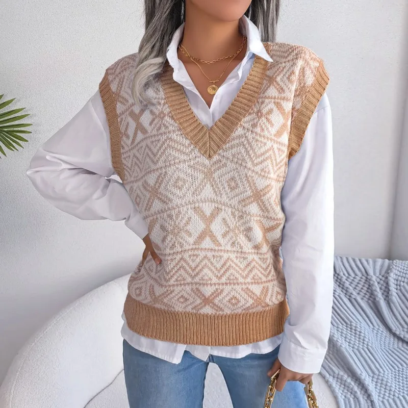 Women's V-neck Knitted Vest Fashion Casual Autumn/Winter Christmas Snowflake Hoodie Sleeveless Pattern Sweater Women's Clothing