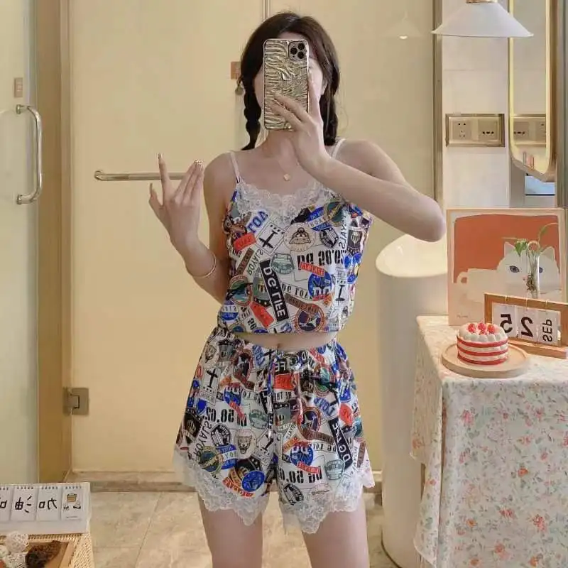 Cross-border popular suspender shorts pajamas women's summer printed loungewear student sexy two-piece set