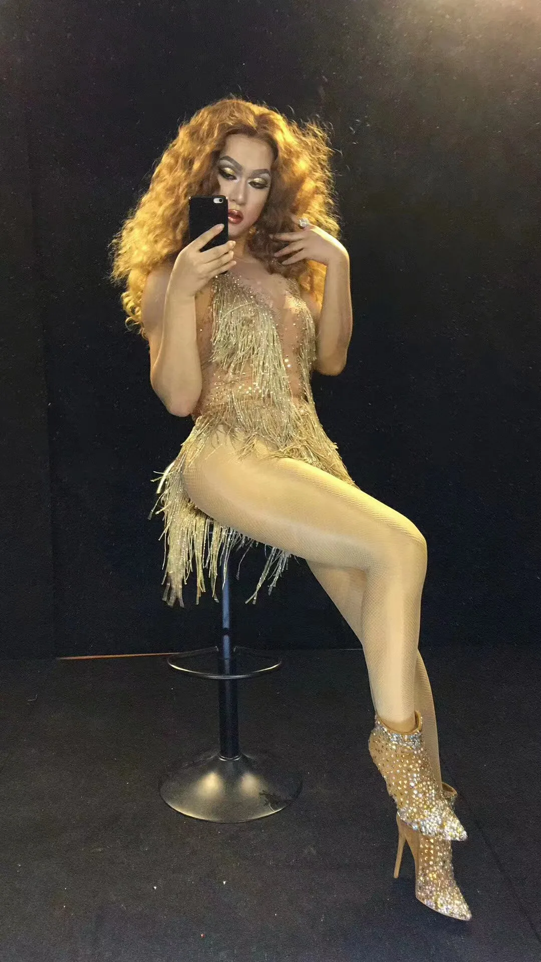 Bar Dj Singer Dancer One-Piece Outfit Costume Stage Performance Leotard Sparkly Gold Tassel Rhinestones Glisten Beads Bodysuit