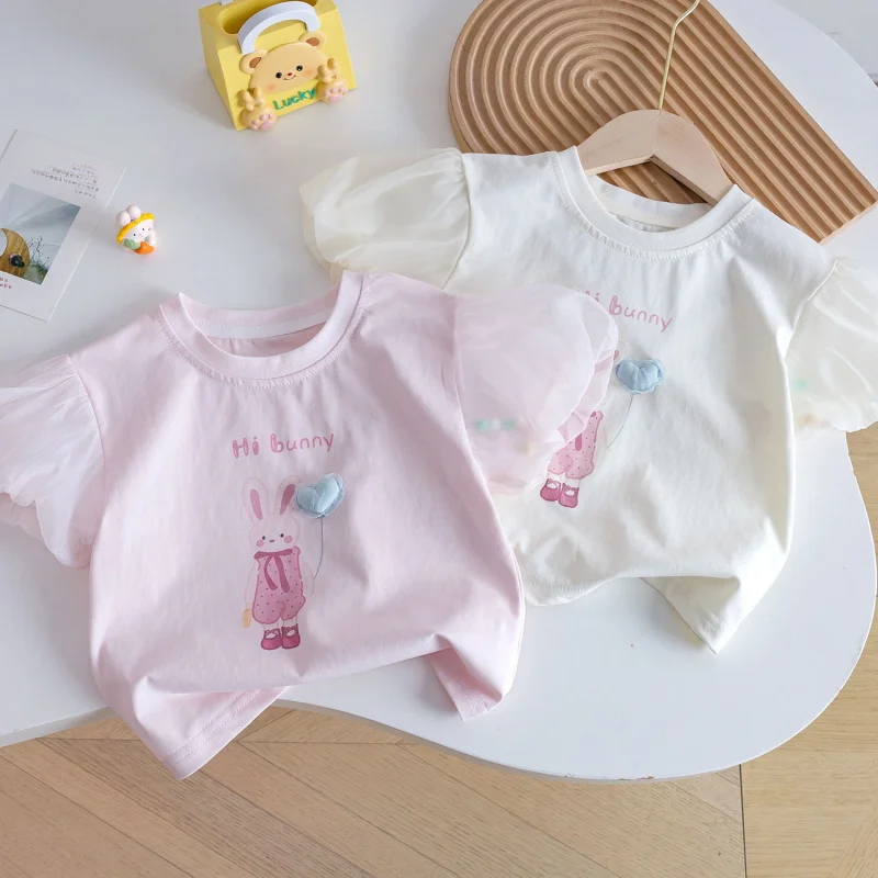 

Girls' Summer Cartoon Bunny Puff SleeveTT-shirt2025New Stylish Sweet Girl Baby Princess Short Sleeve Base Shirt