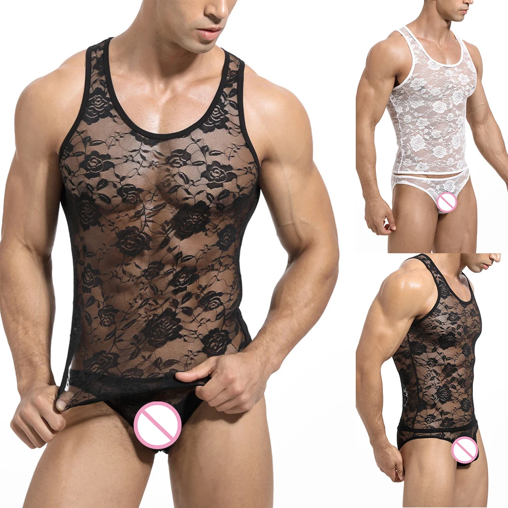 Gay Men Sheer Lace Tank Tops Sleeveless T-shirts Sissy Transparent Floral Vest Undershirts Sexy Male See-Through Singlets