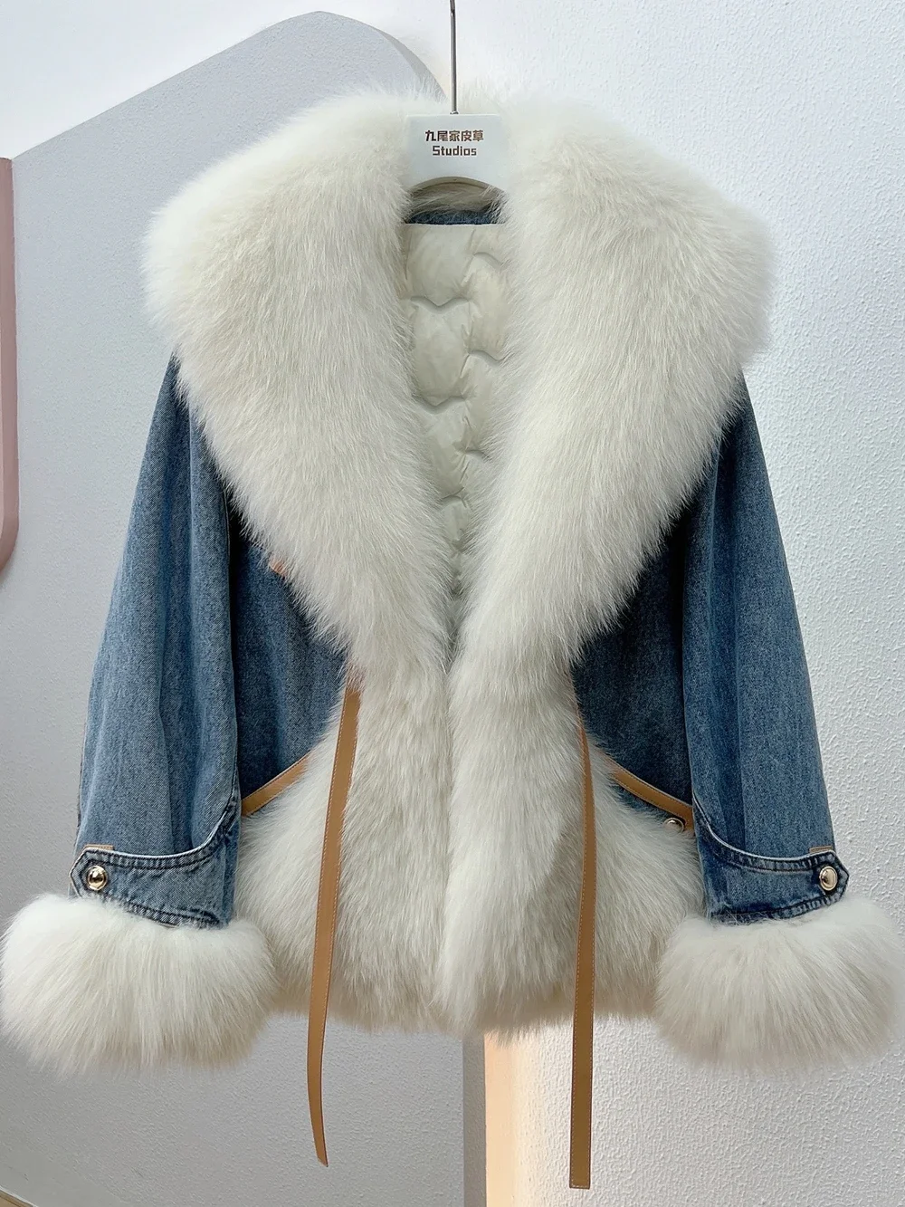 Fox Fur Collar Coat Denim Patchwork 2023 Winter New Goose Down Liner Overcome Young Women's Clothing Fashion Slim Fur Jackets