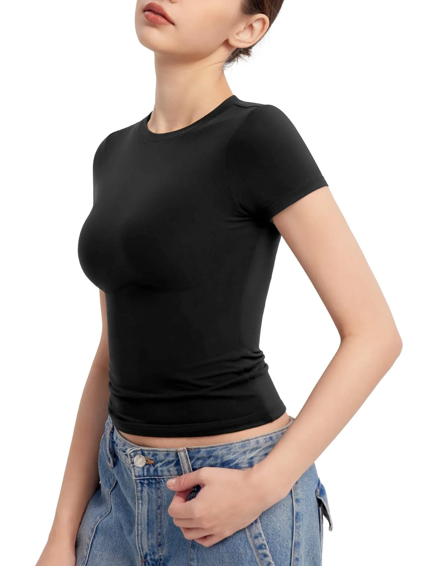 Women\'s Round Neck Short Sleeve Top Slim T Shirt Basic T Shirt Fitness Top Short Sleeve Casual Fashion Versatile