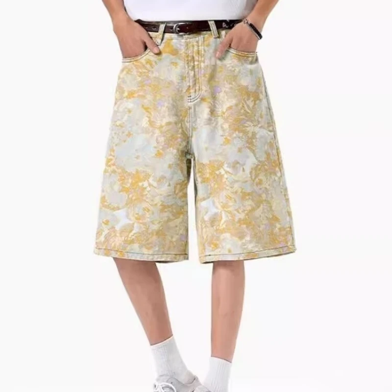 กางเกงขาสั้นลายดอกไม้อเนกประสงค์ริมทะเลฮาราจูกุศิลปะญี่ปุ่นแฟชั่นผู้ชายและผู้หญิงกางเกงยีนส์ห้าส่วนกางเกงเรียบง่าย