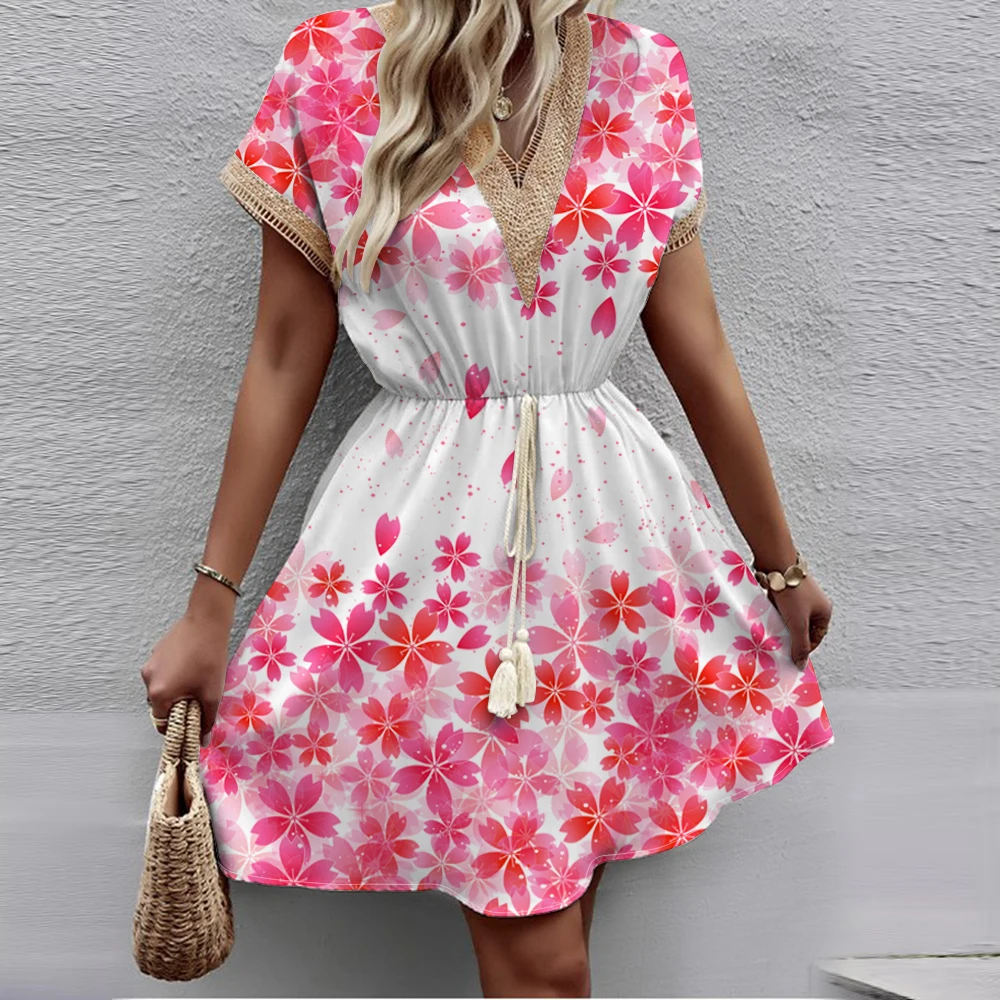 2024 Nowa europejska i amerykańska wiosna/lato z nadrukiem Rękawy nietoperz Koronkowa sukienka z krótkim rękawem i dekoltem w szpic średniej długości