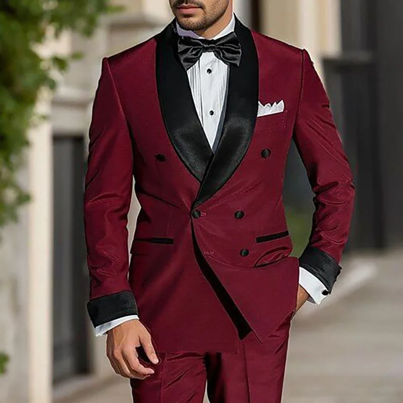 Elegant Suits for Men Blazer High Quality Double Breasted Black Shawl Lapel Slim Fit Outfits Prom Party 2 Piece Jacket Pants Set