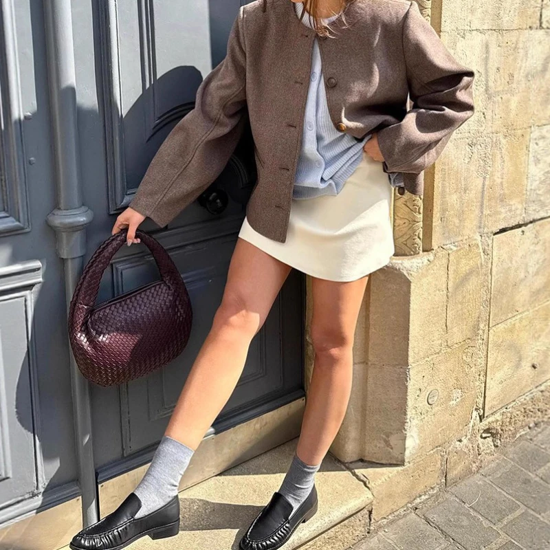 Solid Color Versatile Crew Neck Long Sleeve Woolen Short Coat Women's 2025 Autumn Winter New Wholesale