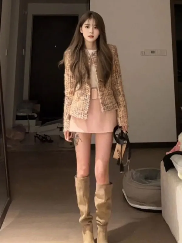 

Retro Elegant Outerwear Vest Skirt Set Comfortable Short Sleeve High Waist round Neck Three Piece Women's Fashion Ensemble