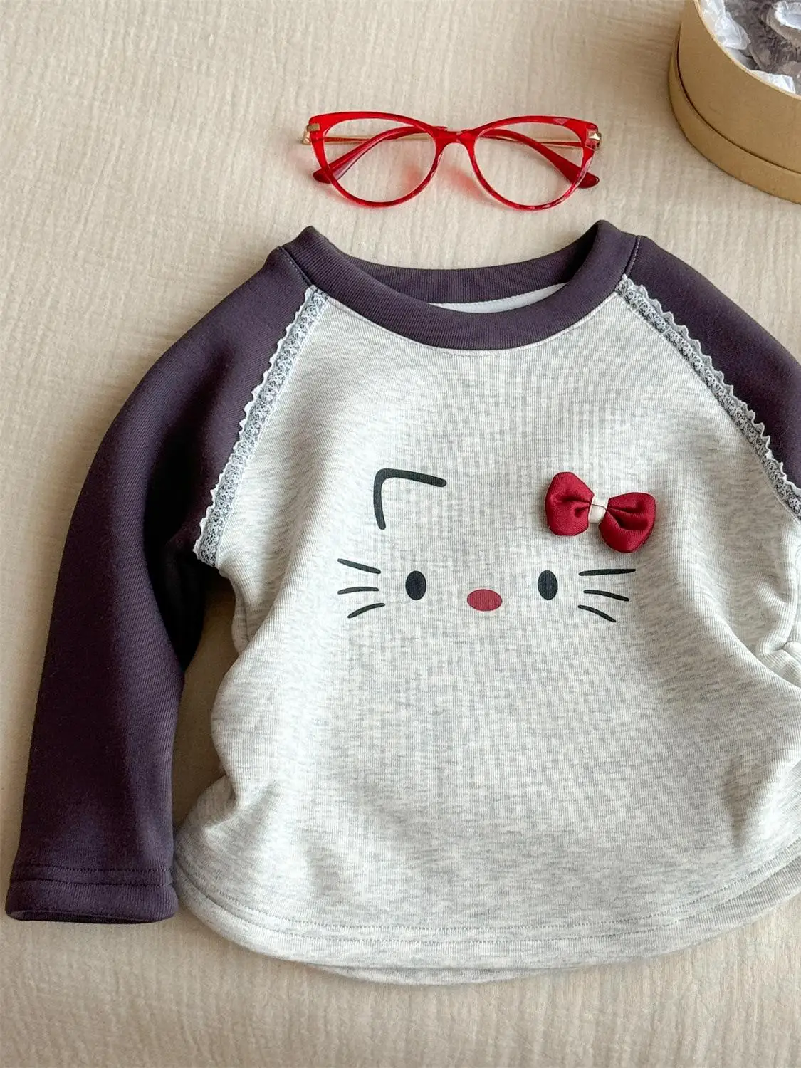 Koreaanse Sle Girls' Base irt Cartoon Patroon Geïntegreerd Fluweel Kleur Blo Sweet Sle Katoen Lang Sve rond Ne