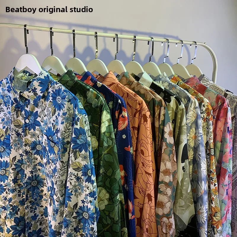 

Aloha Vintage Floral Long Sve irt Men's Retro Hong Kong Sle Women's Casual Loose Fit Polyester Fiber Autumn Spring irt