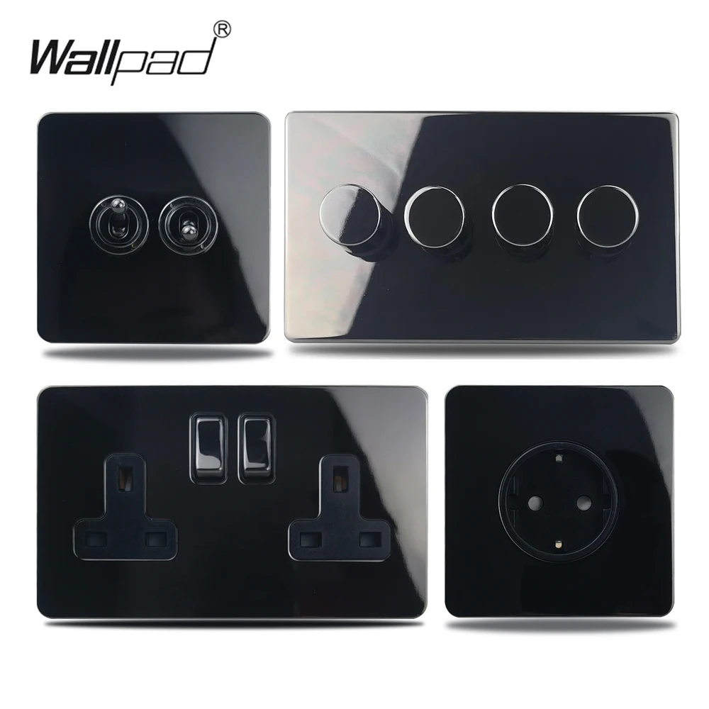 

Wallpad Black Nickel Wall Switch Wall Socket 13A 3 Pin Plug Outlet Retro Toggle Switch LED Dimmer Brightness Regulator