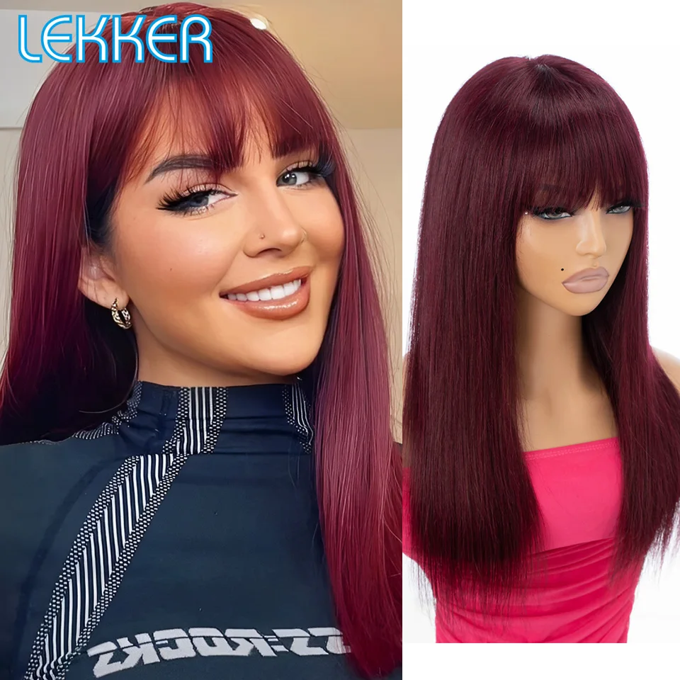 

Длинные красные прямые парики Lekker из 100% натуральных человеческих волос с челкой для женщин, бразильские парики из волос Реми, окрашенные, полностью машинной работы, без клея