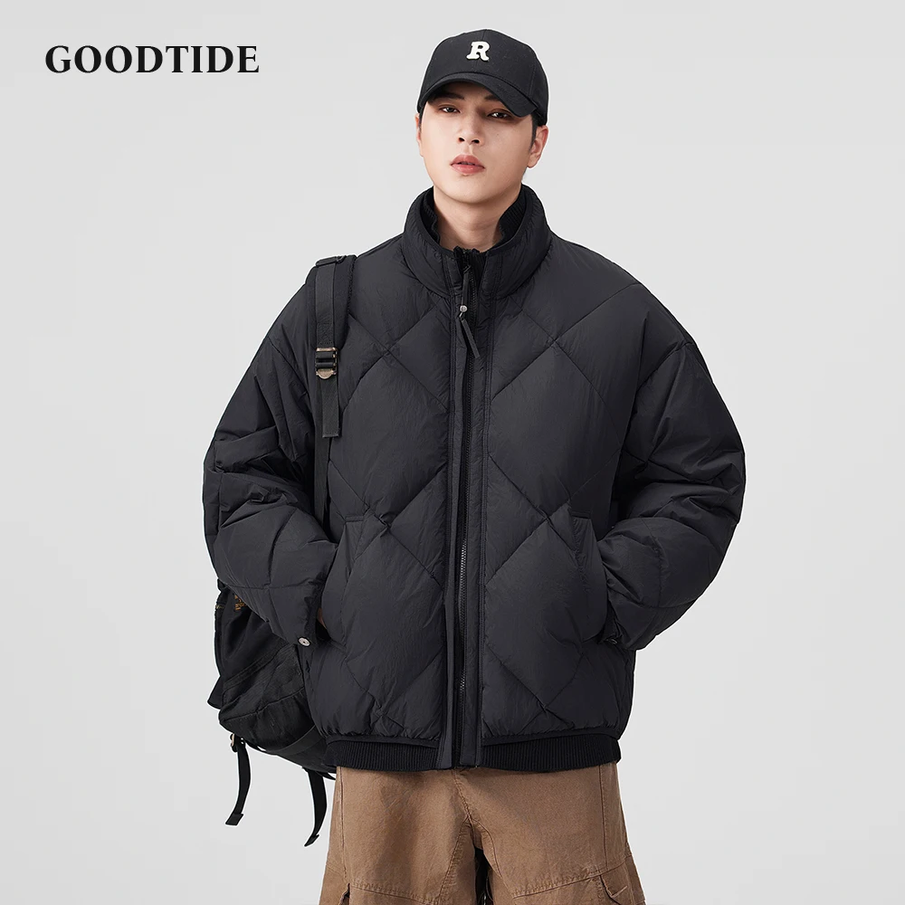 

Fashion Men's Casual Quilted Puffer Jacket 2025 Winter New Stand Collar Diamond Pattern Loose Fit Men Warm Down Jacket Top