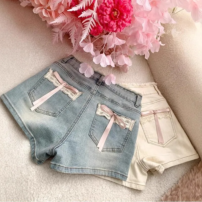 

Дизайнерские джинсовые шорты с кружевом и бантом в стиле ретро, женские шорты с высокой талией и надписью Y2k, летние шорты