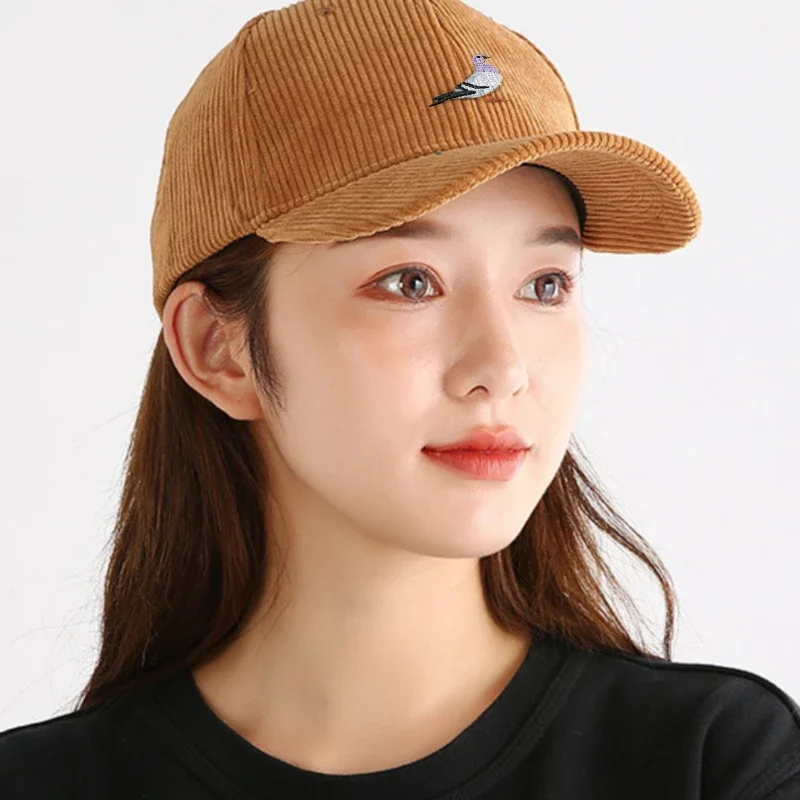 Corduroy baseball cap for men and women in autumn and winter, warm and embroidered pigeon pattern for daily leisure gatherings