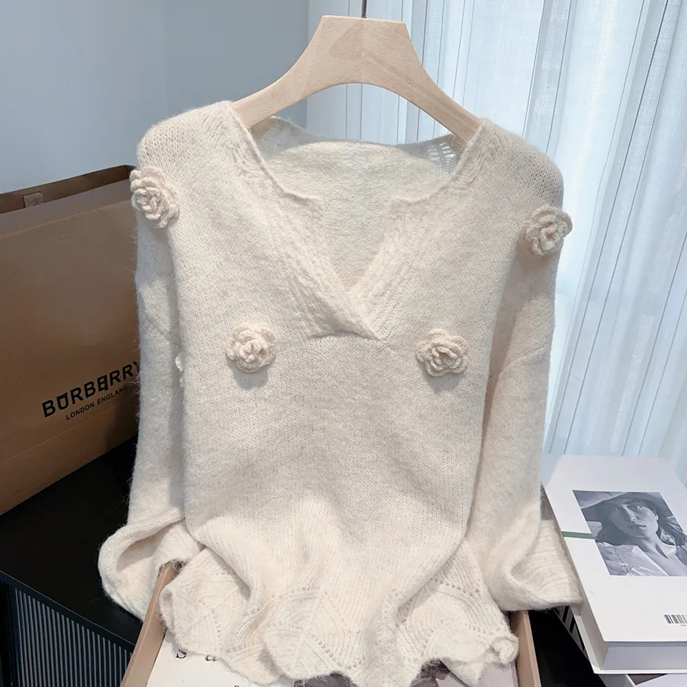 

Женский вязаный пуловер, свитер 2022, осень-зима, трехмерный свитер с цветочным принтом, свободные женские топы с длинными рукавами