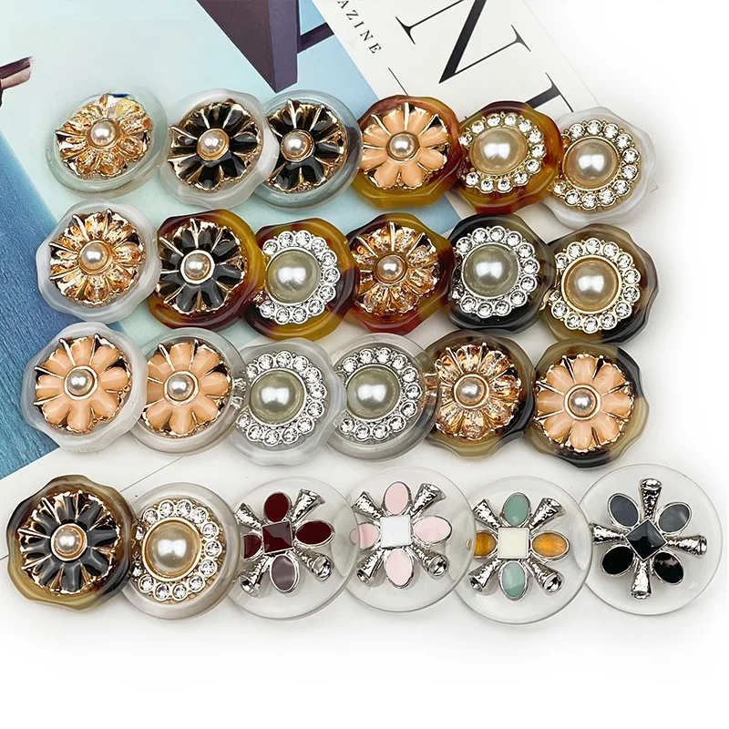 

New Style Metal Button Irregular Resin Embedded Diamond Pearl Combination Button for Women's Jacket Coat Large Coat Button