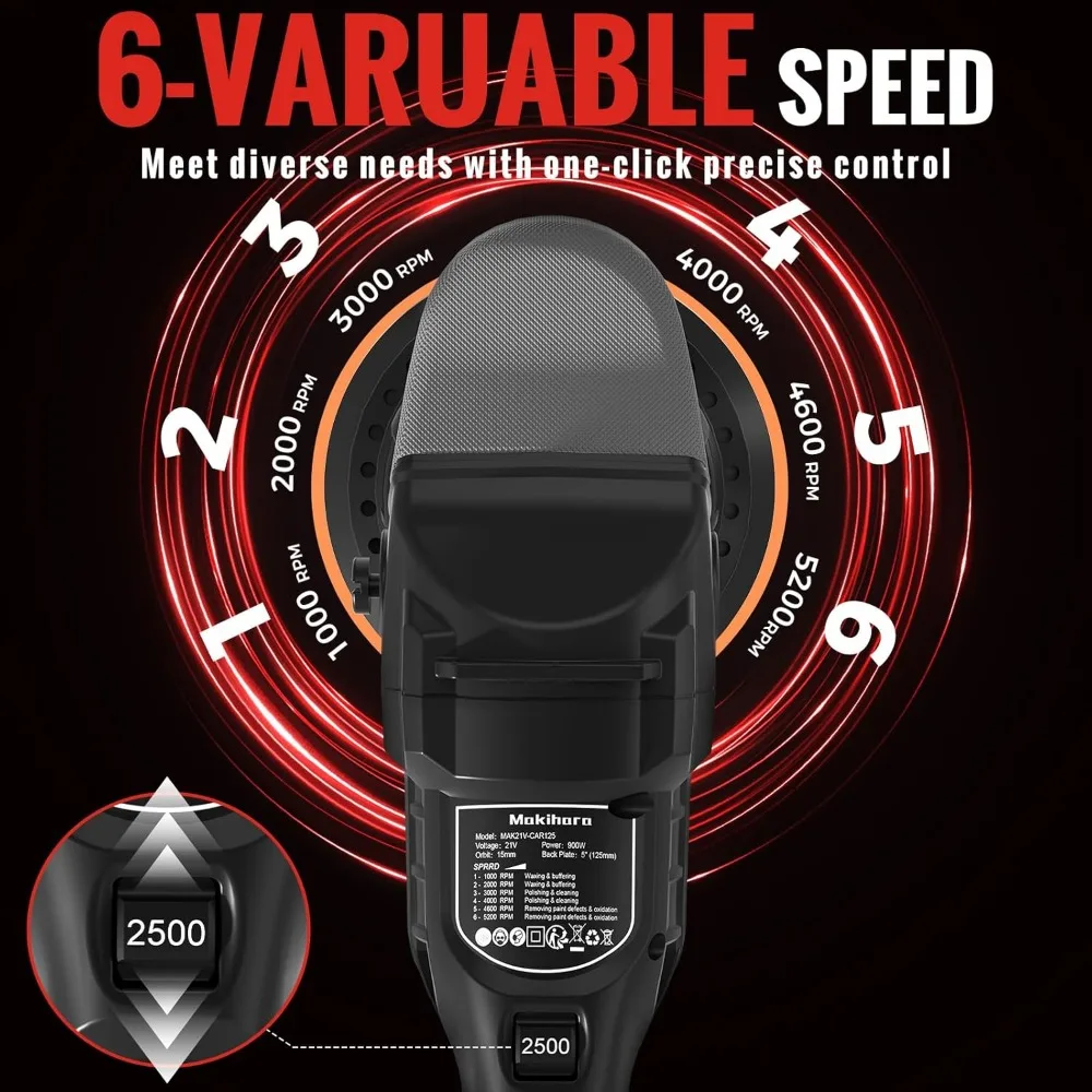 ملمع سيارة لاسلكي 5 بوصات، 6 سرعات 1000-5200 دورة في الدقيقة، بطارية 21 فولت مع 28 مرفقًا للتفصيل والصنفرة #2