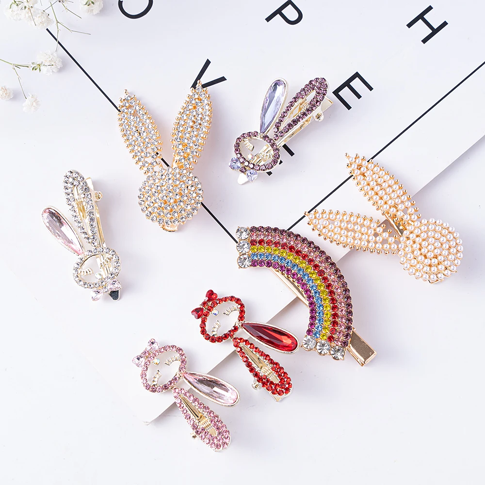 Handmade Rabbit Pearl Hair Clips Children for Women Fashion Rhinestones Barrettes Headwear Girls Sweet Hairpins Hair Accessories