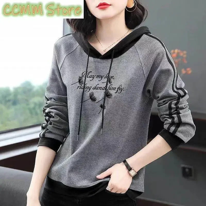 Women's Clothing Letter Printed Floral Sweatshirts Spring Autumn Casual Hooded Drawstring Chic Bright Line Decoration Pullovers