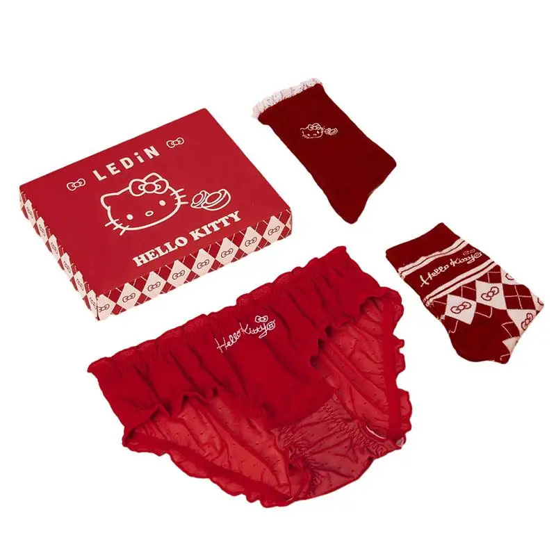 

Anime Cartoon Hellokittys Red Underwear Mid-Waist Hip-Lifting Lace Lace Breathable Sexy Briefs Gift Box Set Thin Section Ladies