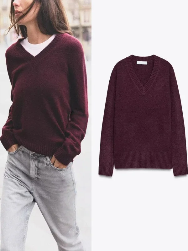 

New Autumn Women's Basic Sle Loose Fit Soft V-Ne Long Sve Knitted Sweater Comfortable Versatile Faionable Soft Fabric