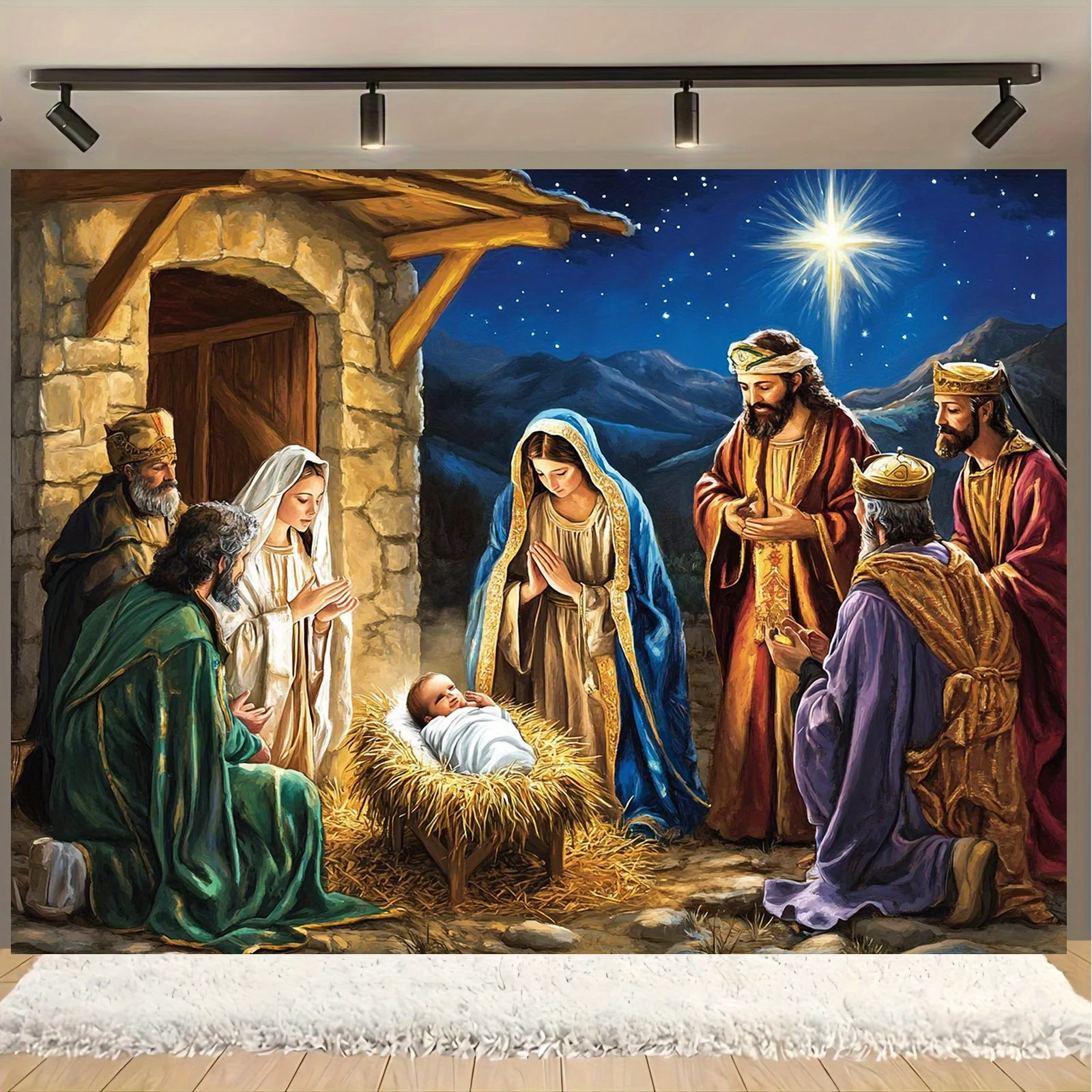 لافتة مسطحة ثنائية الأبعاد 1 قطعة ولادة يسوع والسماء المرصعة بالنجوم والرجل الثلاث الحكيم زينة المهرجانات زينة عيد الميلاد