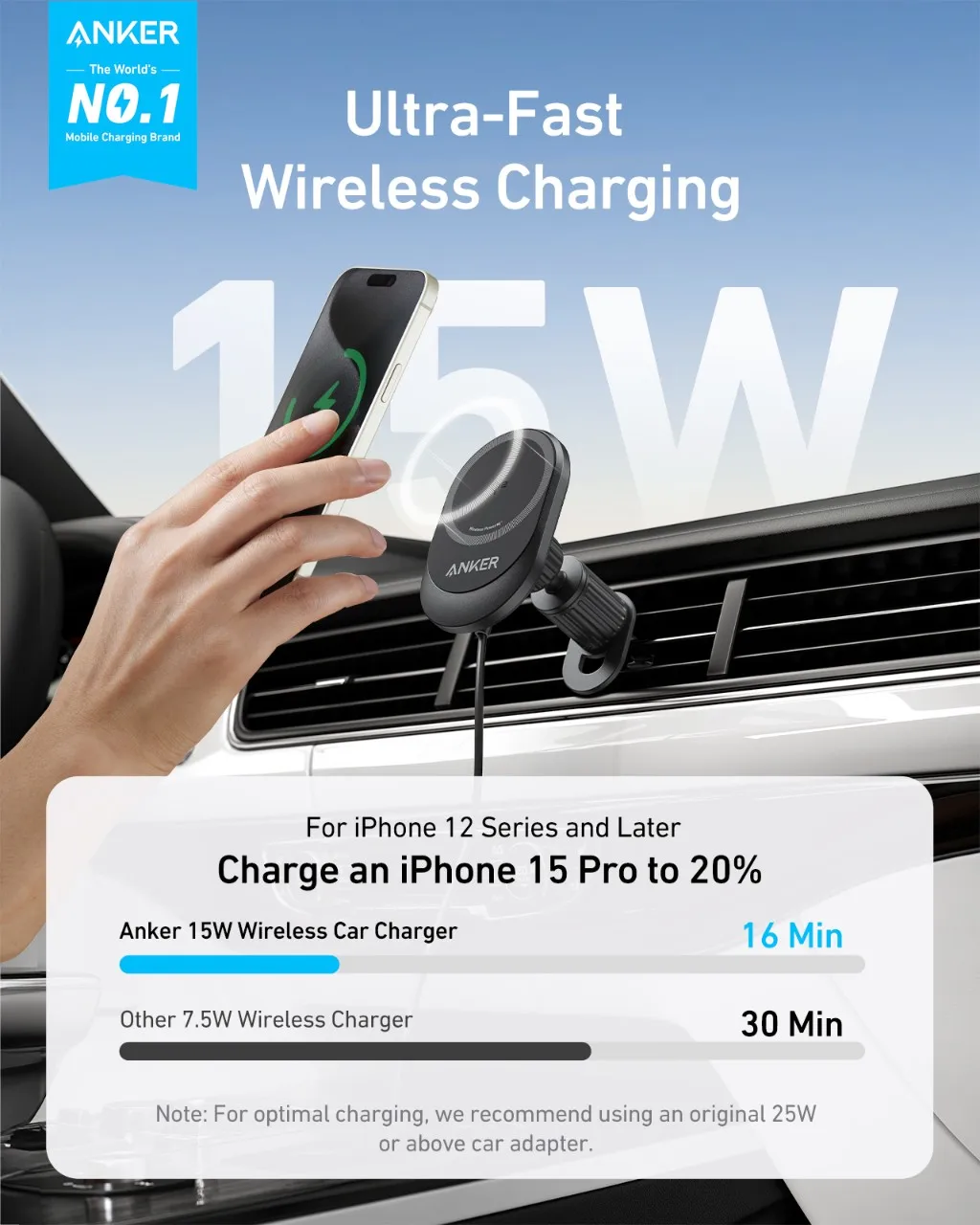 Anker Magnetic Wireless Charger Charging Station for iPhone 15, 15Plus, 15 Pro, 15 Pro Max, 14, 13, 12Series