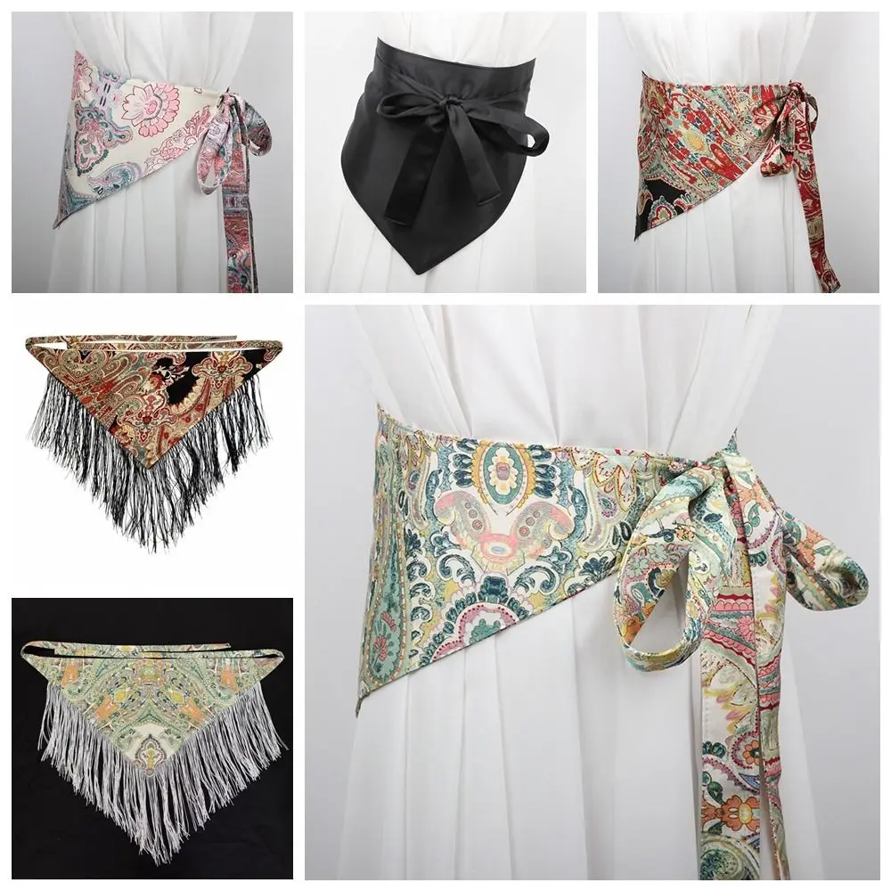 중국 스타일 민족풍 삼각형 허리띠 자수 프린팅 청바지 장식 꽃무늬 삼각형 벨트 태슬 의류 액세서리